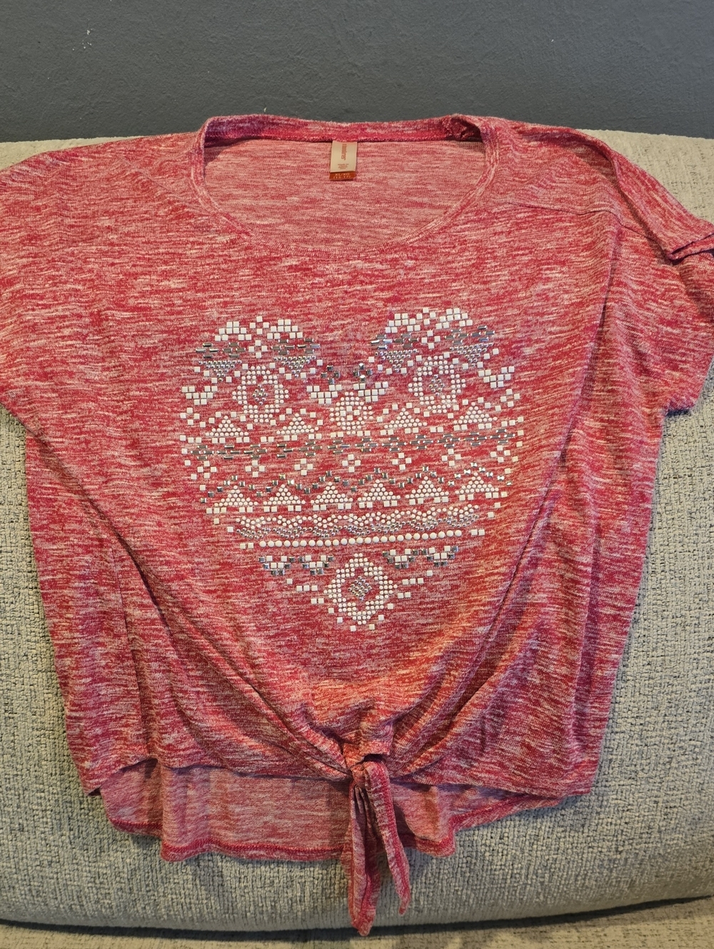 Women’s Red/Pink Tie-Hem Top with Embellished Heart